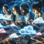A cinematic scene of diverse gamers immersed in an intense multiplayer cloud gaming session across multiple devices—smartphones, tablets, and laptops—connected seamlessly through glowing digital streams and futuristic cloud-shaped data flows, set against a dynamic cityscape at dusk symbolizing global connectivity and the evolving multiplayer gaming community in 2025.