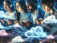 A cinematic scene of diverse gamers immersed in an intense multiplayer cloud gaming session across multiple devices—smartphones, tablets, and laptops—connected seamlessly through glowing digital streams and futuristic cloud-shaped data flows, set against a dynamic cityscape at dusk symbolizing global connectivity and the evolving multiplayer gaming community in 2025.