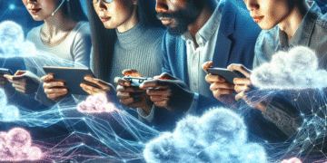 A cinematic scene of diverse gamers immersed in an intense multiplayer cloud gaming session across multiple devices—smartphones, tablets, and laptops—connected seamlessly through glowing digital streams and futuristic cloud-shaped data flows, set against a dynamic cityscape at dusk symbolizing global connectivity and the evolving multiplayer gaming community in 2025.
