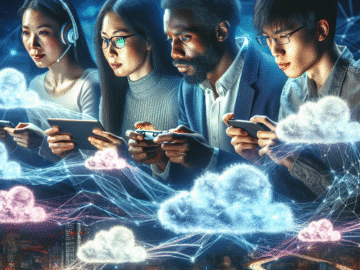 A cinematic scene of diverse gamers immersed in an intense multiplayer cloud gaming session across multiple devices—smartphones, tablets, and laptops—connected seamlessly through glowing digital streams and futuristic cloud-shaped data flows, set against a dynamic cityscape at dusk symbolizing global connectivity and the evolving multiplayer gaming community in 2025.