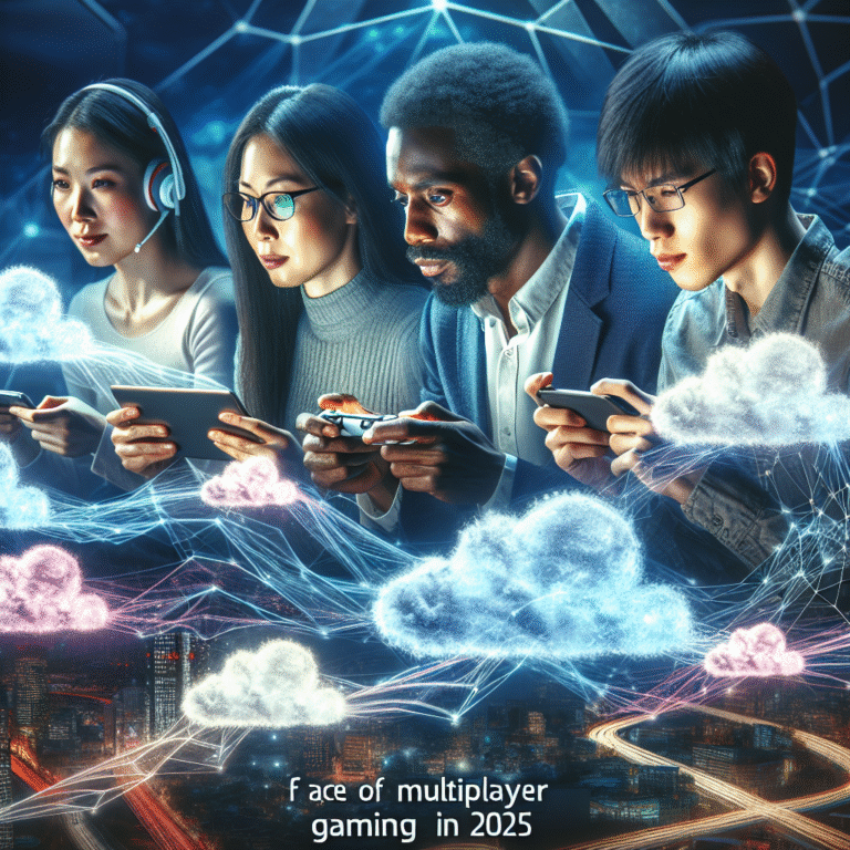 A cinematic scene of diverse gamers immersed in an intense multiplayer cloud gaming session across multiple devices—smartphones, tablets, and laptops—connected seamlessly through glowing digital streams and futuristic cloud-shaped data flows, set against a dynamic cityscape at dusk symbolizing global connectivity and the evolving multiplayer gaming community in 2025.